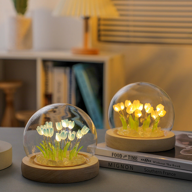 Glowing Tulip Dome Lamp - Wooden Base, Bedside Table Decoration