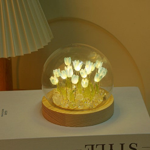 Glowing Tulip Dome Lamp - Wooden Base, Bedside Table Decoration