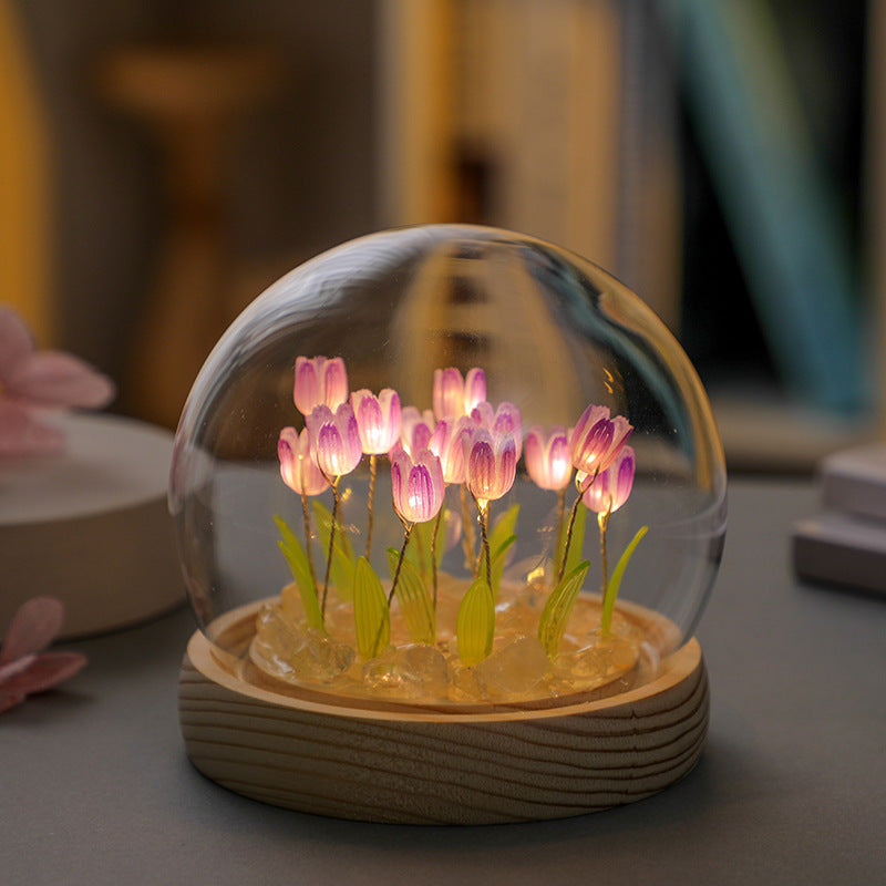 Glowing Tulip Dome Lamp - Wooden Base, Bedside Table Decoration