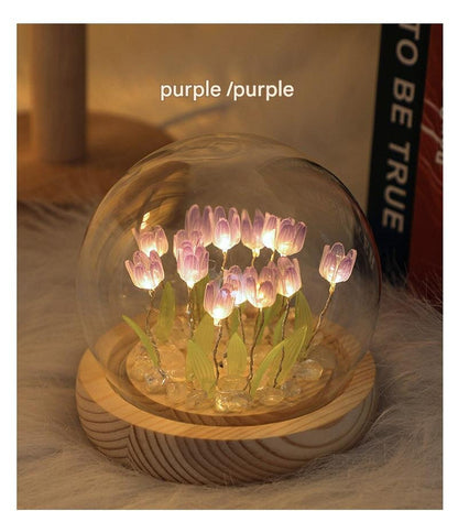 Glowing Tulip Dome Lamp - Wooden Base, Bedside Table Decoration