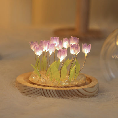 Glowing Tulip Dome Lamp - Wooden Base, Bedside Table Decoration