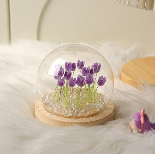 Glowing Tulip Dome Lamp - Wooden Base, Bedside Table Decoration