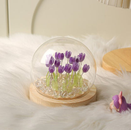 Glowing Tulip Dome Lamp - Wooden Base, Bedside Table Decoration