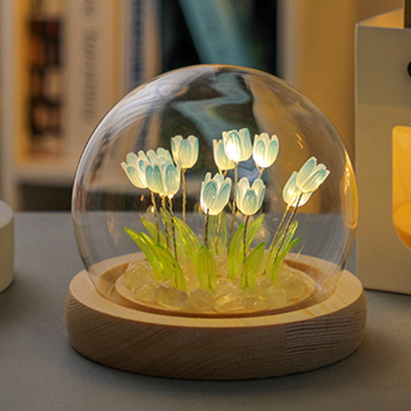 Glowing Tulip Dome Lamp - Wooden Base, Bedside Table Decoration