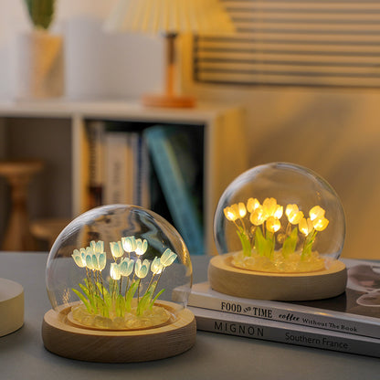 Glowing Tulip Dome Lamp - Wooden Base, Bedside Table Decoration