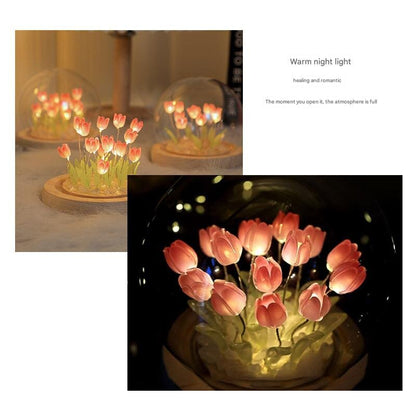 Glowing Tulip Dome Lamp - Wooden Base, Bedside Table Decoration