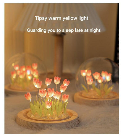 Glowing Tulip Dome Lamp - Wooden Base, Bedside Table Decoration