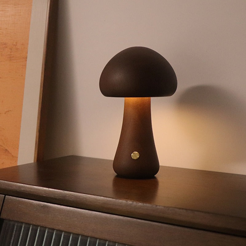 Solid Wood Mushroom LED Table Lamp - Rechargeable Touch Control Lamp