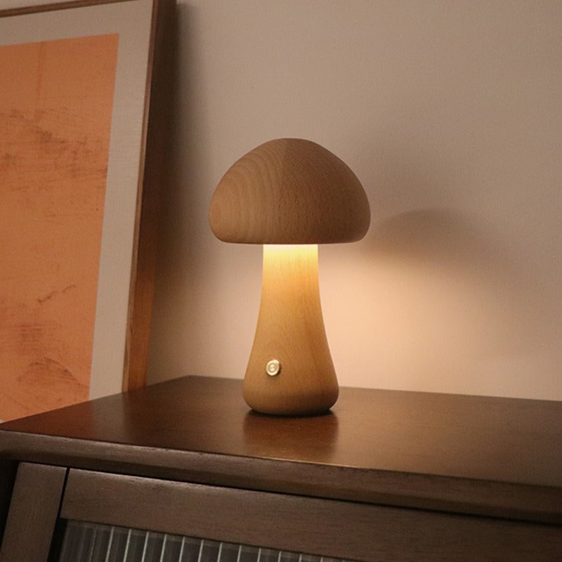 Solid Wood Mushroom LED Table Lamp - Rechargeable Touch Control Lamp