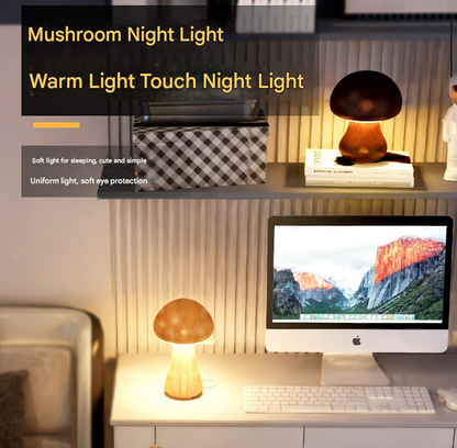 Solid Wood Mushroom LED Table Lamp - Rechargeable Touch Control Lamp