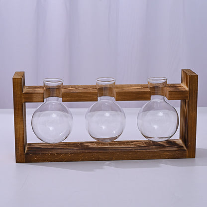 Brown Desktop Plant Propagation Station - Rustic Wooden Stand with 3 Glass Bulb Vases for Hydroponics & Cuttings