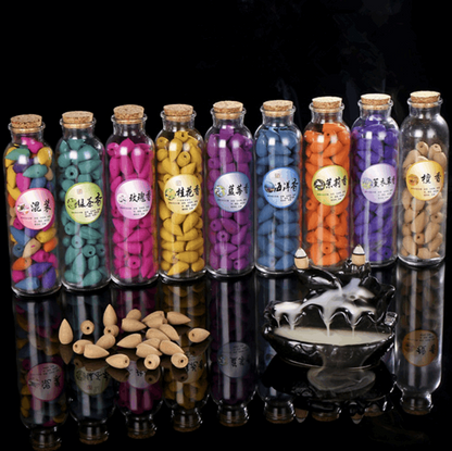 70Pcs Glass Bottle Package Flavor Hollow Backflow Incense Cones