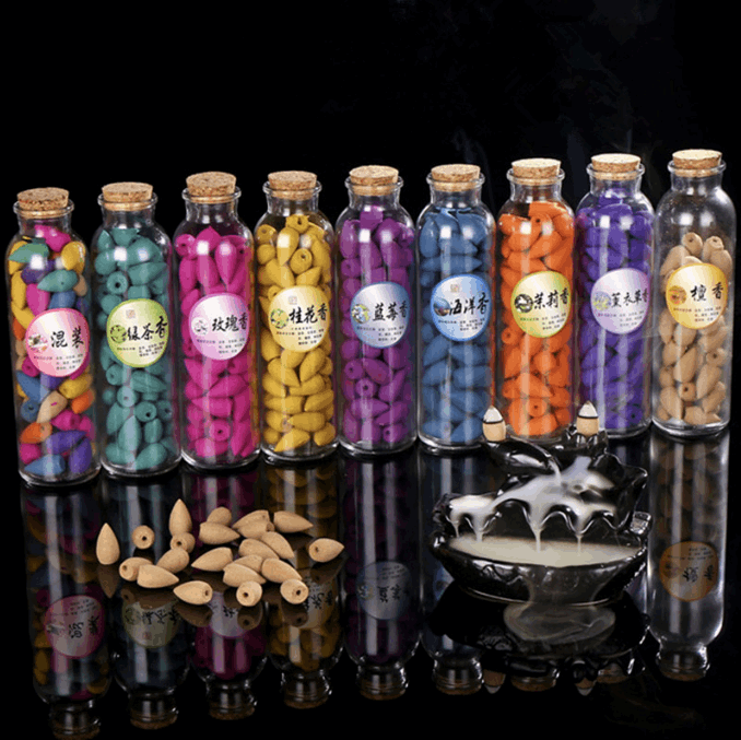 70Pcs Glass Bottle Package Flavor Hollow Backflow Incense Cones
