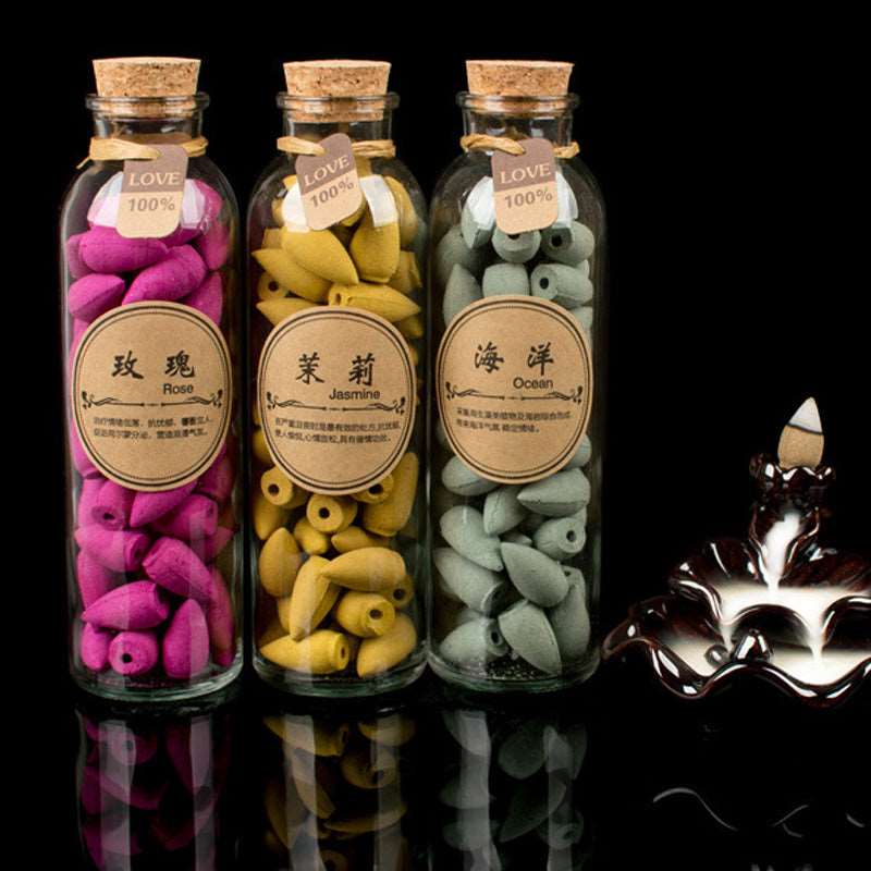 70Pcs Glass Bottle Package Flavor Hollow Backflow Incense Cones